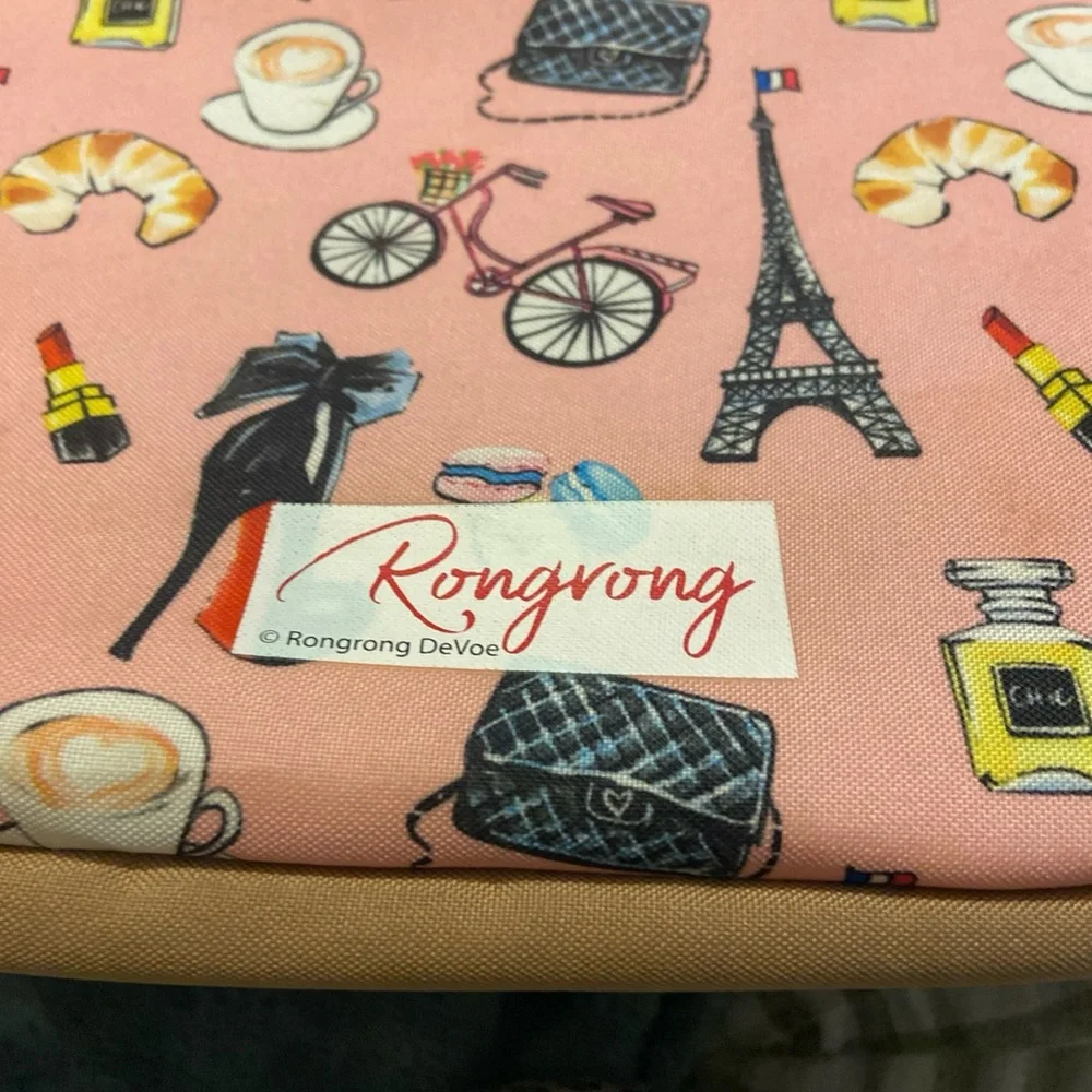 Pink Paris Print Tote Bag with Tan Handles - Picture 2 of 4